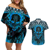 Fire Skull Couples Matching Off Shoulder Short Dress and Hawaiian Shirt Of Course I'm Going To Hell I'm Just Here To Pick You Up - Wonder Print Shop