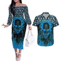 Fire Skull Couples Matching Off The Shoulder Long Sleeve Dress and Hawaiian Shirt Of Course I'm Going To Hell I'm Just Here To Pick You Up - Wonder Print Shop
