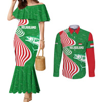 Germany Heligoland Couples Matching Mermaid Dress and Long Sleeve Button Shirt with Fish Illustration and Red Green Wave - Wonder Print Shop