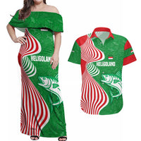 Germany Heligoland Couples Matching Off Shoulder Maxi Dress and Hawaiian Shirt with Fish Illustration and Red Green Wave - Wonder Print Shop