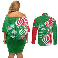 Germany Heligoland Couples Matching Off Shoulder Short Dress and Long Sleeve Button Shirt with Fish Illustration and Red Green Wave - Wonder Print Shop