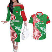 Germany Heligoland Couples Matching Off The Shoulder Long Sleeve Dress and Hawaiian Shirt with Fish Illustration and Red Green Wave - Wonder Print Shop