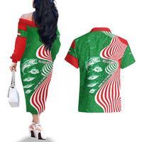 Germany Heligoland Couples Matching Off The Shoulder Long Sleeve Dress and Hawaiian Shirt with Fish Illustration and Red Green Wave - Wonder Print Shop