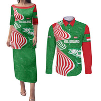 Germany Heligoland Couples Matching Puletasi and Long Sleeve Button Shirt with Fish Illustration and Red Green Wave - Wonder Print Shop