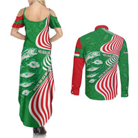 Germany Heligoland Couples Matching Summer Maxi Dress and Long Sleeve Button Shirt with Fish Illustration and Red Green Wave - Wonder Print Shop