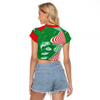 Germany Heligoland Raglan Cropped T Shirt with Fish Illustration and Red Green Wave - Wonder Print Shop