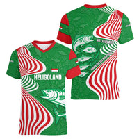 Germany Heligoland Women V-Neck T-Shirt with Fish Illustration and Red Green Wave - Wonder Print Shop
