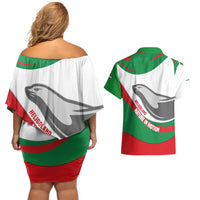 Germany Heligoland Couples Matching Off Shoulder Short Dress and Hawaiian Shirt with Seal Graphic and Red Green Wave Nature - Wonder Print Shop