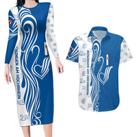 Busingen am Hochrhein Germany Couples Matching Long Sleeve Bodycon Dress and Hawaiian Shirt with Swan Pattern and Blue White Heart Design - Wonder Print Shop