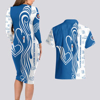 Busingen am Hochrhein Germany Couples Matching Long Sleeve Bodycon Dress and Hawaiian Shirt with Swan Pattern and Blue White Heart Design - Wonder Print Shop