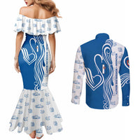 Busingen am Hochrhein Germany Couples Matching Mermaid Dress and Long Sleeve Button Shirt with Swan Pattern and Blue White Heart Design - Wonder Print Shop