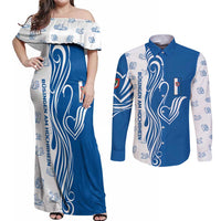 Busingen am Hochrhein Germany Couples Matching Off Shoulder Maxi Dress and Long Sleeve Button Shirt with Swan Pattern and Blue White Heart Design - Wonder Print Shop