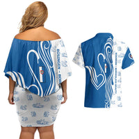 Busingen am Hochrhein Germany Couples Matching Off Shoulder Short Dress and Hawaiian Shirt with Swan Pattern and Blue White Heart Design - Wonder Print Shop