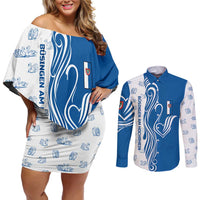 Busingen am Hochrhein Germany Couples Matching Off Shoulder Short Dress and Long Sleeve Button Shirt with Swan Pattern and Blue White Heart Design - Wonder Print Shop