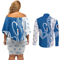 Busingen am Hochrhein Germany Couples Matching Off Shoulder Short Dress and Long Sleeve Button Shirt with Swan Pattern and Blue White Heart Design - Wonder Print Shop