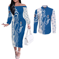 Busingen am Hochrhein Germany Couples Matching Off The Shoulder Long Sleeve Dress and Long Sleeve Button Shirt with Swan Pattern and Blue White Heart Design - Wonder Print Shop