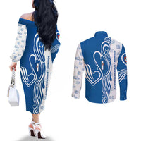 Busingen am Hochrhein Germany Couples Matching Off The Shoulder Long Sleeve Dress and Long Sleeve Button Shirt with Swan Pattern and Blue White Heart Design - Wonder Print Shop