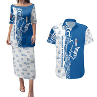 Busingen am Hochrhein Germany Couples Matching Puletasi and Hawaiian Shirt with Swan Pattern and Blue White Heart Design - Wonder Print Shop