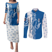 Busingen am Hochrhein Germany Couples Matching Puletasi and Long Sleeve Button Shirt with Swan Pattern and Blue White Heart Design - Wonder Print Shop