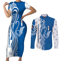 Busingen am Hochrhein Germany Couples Matching Short Sleeve Bodycon Dress and Long Sleeve Button Shirt with Swan Pattern and Blue White Heart Design - Wonder Print Shop