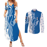 Busingen am Hochrhein Germany Couples Matching Summer Maxi Dress and Long Sleeve Button Shirt with Swan Pattern and Blue White Heart Design - Wonder Print Shop