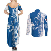 Busingen am Hochrhein Germany Couples Matching Summer Maxi Dress and Long Sleeve Button Shirt with Swan Pattern and Blue White Heart Design - Wonder Print Shop