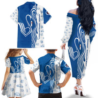 Busingen am Hochrhein Germany Family Matching Off The Shoulder Long Sleeve Dress and Hawaiian Shirt with Swan Pattern and Blue White Heart Design - Wonder Print Shop