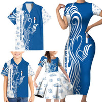 Busingen am Hochrhein Germany Family Matching Short Sleeve Bodycon Dress and Hawaiian Shirt with Swan Pattern and Blue White Heart Design - Wonder Print Shop