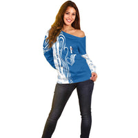 Busingen am Hochrhein Germany Off Shoulder Sweater with Swan Pattern and Blue White Heart Design - Wonder Print Shop