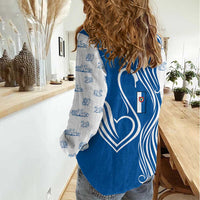 Busingen am Hochrhein Germany Women Casual Shirt with Swan Pattern and Blue White Heart Design - Wonder Print Shop