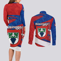 Busingen am Hochrhein Germany Couples Matching Long Sleeve Bodycon Dress and Long Sleeve Button Shirt with Grape Crest Design and Red Blue Wine Theme - Wonder Print Shop