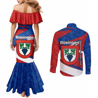Busingen am Hochrhein Germany Couples Matching Mermaid Dress and Long Sleeve Button Shirt with Grape Crest Design and Red Blue Wine Theme - Wonder Print Shop