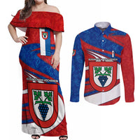 Busingen am Hochrhein Germany Couples Matching Off Shoulder Maxi Dress and Long Sleeve Button Shirt with Grape Crest Design and Red Blue Wine Theme - Wonder Print Shop