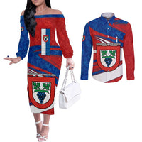 Busingen am Hochrhein Germany Couples Matching Off The Shoulder Long Sleeve Dress and Long Sleeve Button Shirt with Grape Crest Design and Red Blue Wine Theme - Wonder Print Shop