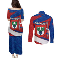 Busingen am Hochrhein Germany Couples Matching Puletasi and Long Sleeve Button Shirt with Grape Crest Design and Red Blue Wine Theme - Wonder Print Shop