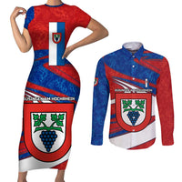 Busingen am Hochrhein Germany Couples Matching Short Sleeve Bodycon Dress and Long Sleeve Button Shirt with Grape Crest Design and Red Blue Wine Theme - Wonder Print Shop
