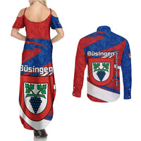 Busingen am Hochrhein Germany Couples Matching Summer Maxi Dress and Long Sleeve Button Shirt with Grape Crest Design and Red Blue Wine Theme - Wonder Print Shop