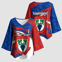 Busingen am Hochrhein Germany Kimono Sleeve Blouse with Grape Crest Design and Red Blue Wine Theme - Wonder Print Shop
