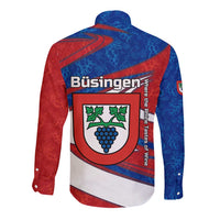 Busingen am Hochrhein Germany Long Sleeve Button Shirt with Grape Crest Design and Red Blue Wine Theme - Wonder Print Shop