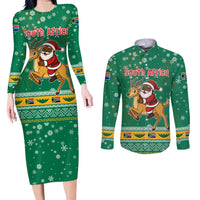 South Africa Christmas Couples Matching Long Sleeve Bodycon Dress and Long Sleeve Button Shirt Santa Reindeer and Africa Map - Wonder Print Shop