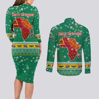 South Africa Christmas Couples Matching Long Sleeve Bodycon Dress and Long Sleeve Button Shirt Santa Reindeer and Africa Map - Wonder Print Shop