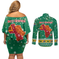 South Africa Christmas Couples Matching Off Shoulder Short Dress and Long Sleeve Button Shirt Santa Reindeer and Africa Map - Wonder Print Shop
