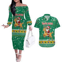 South Africa Christmas Couples Matching Off The Shoulder Long Sleeve Dress and Hawaiian Shirt Santa Reindeer and Africa Map - Wonder Print Shop