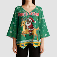 South Africa Christmas Kimono Sleeve Blouse Santa Reindeer and Africa Map - Wonder Print Shop
