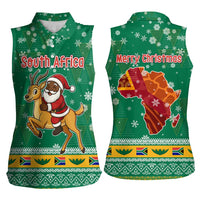 South Africa Christmas Women Sleeveless Polo Shirt Santa Reindeer and Africa Map - Wonder Print Shop