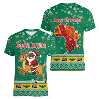 South Africa Christmas Women V-Neck T-Shirt Santa Reindeer and Africa Map - Wonder Print Shop