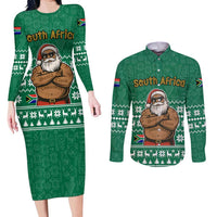 South Africa Christmas Couples Matching Long Sleeve Bodycon Dress and Long Sleeve Button Shirt Christmas Santa Claus Tattoo - Wonder Print Shop