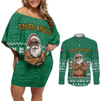 South Africa Christmas Couples Matching Off Shoulder Short Dress and Long Sleeve Button Shirt Christmas Santa Claus Tattoo - Wonder Print Shop