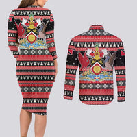 Trinidad and Tobago Christmas Couples Matching Long Sleeve Bodycon Dress and Long Sleeve Button Shirt Bird and Coat of Arms Design - Wonder Print Shop