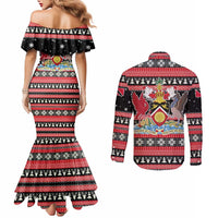 Trinidad and Tobago Christmas Couples Matching Mermaid Dress and Long Sleeve Button Shirt Bird and Coat of Arms Design - Wonder Print Shop